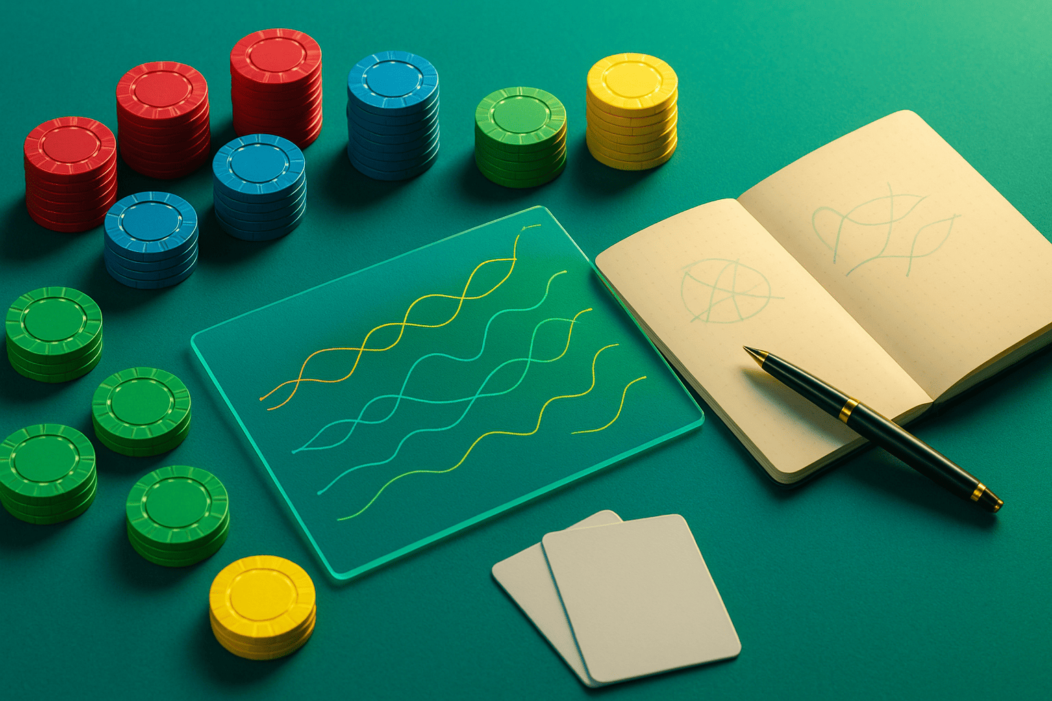 メモとチップでブラックジャックセッションを計画するプレイヤー