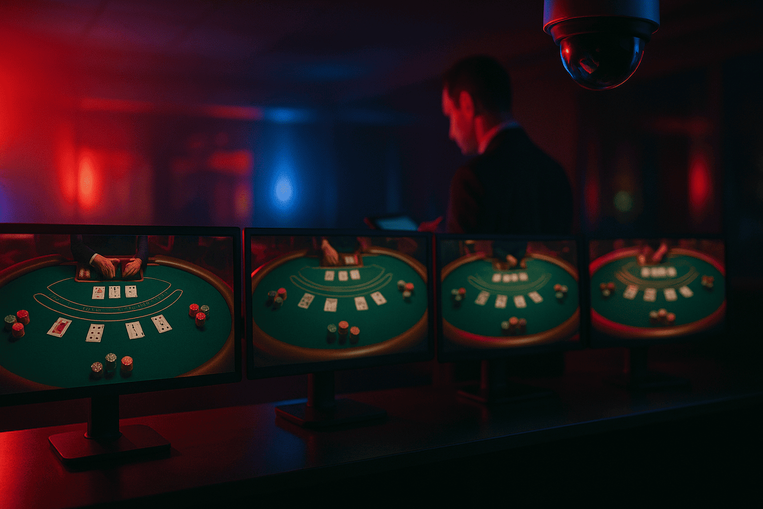 ブラックジャックテーブルを監視するカジノ監視室