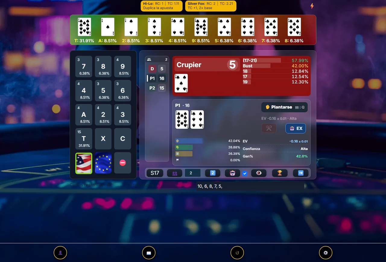 BJCPRO visual counter mode with dealer probabilities, EV, and player recommendation detail