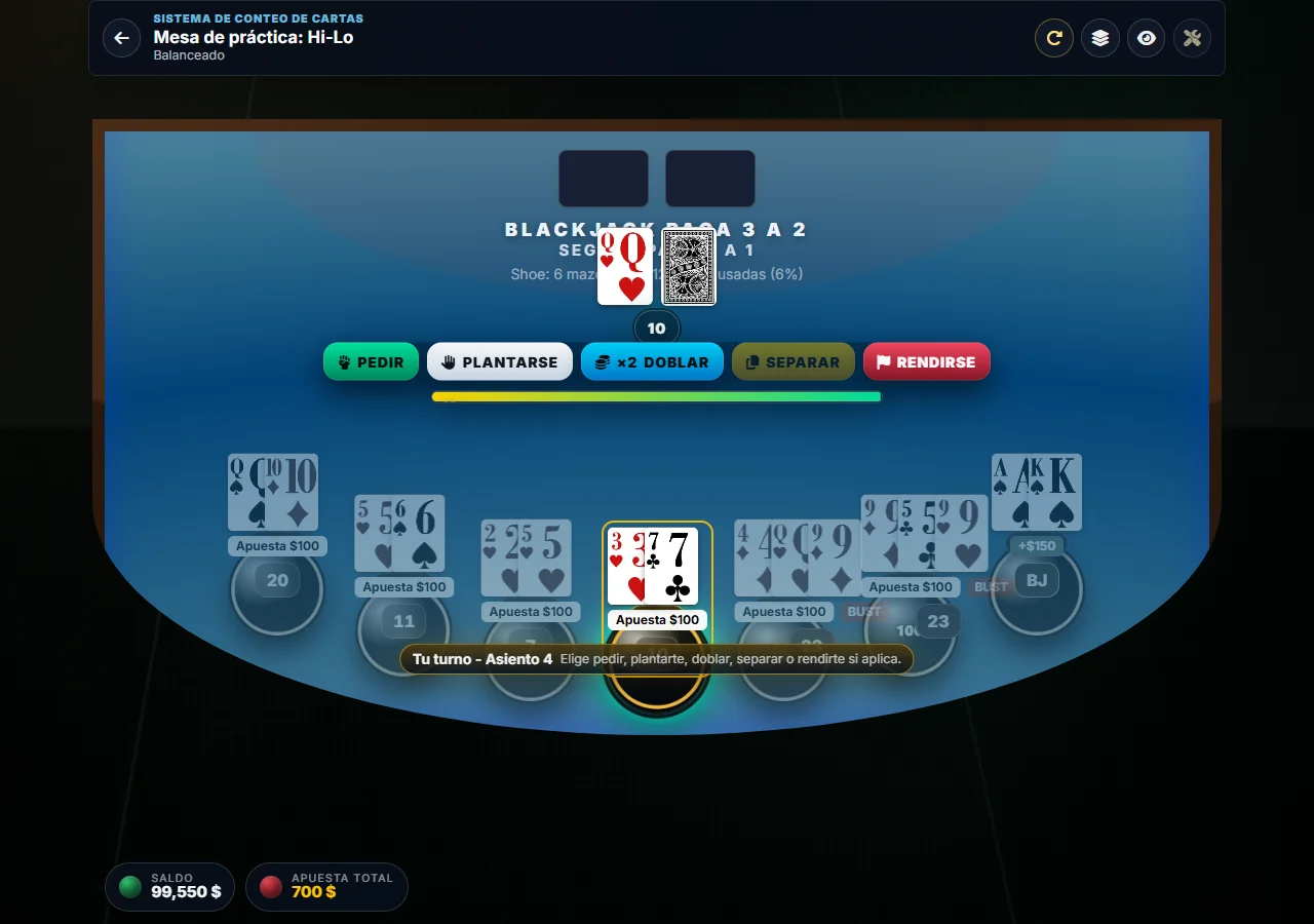 BJCPRO Hi-Lo system practice table with blackjack seats and training controls
